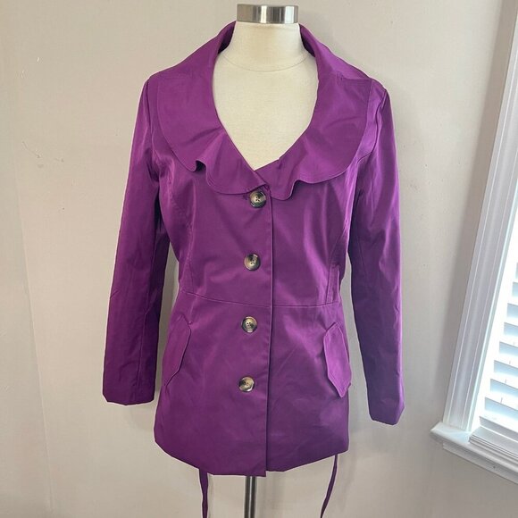 SANDRO STUDIO Purple Ruffle Trim All-Weather Lightweight Jacket Tie Belt, Large - Picture 8 of 11